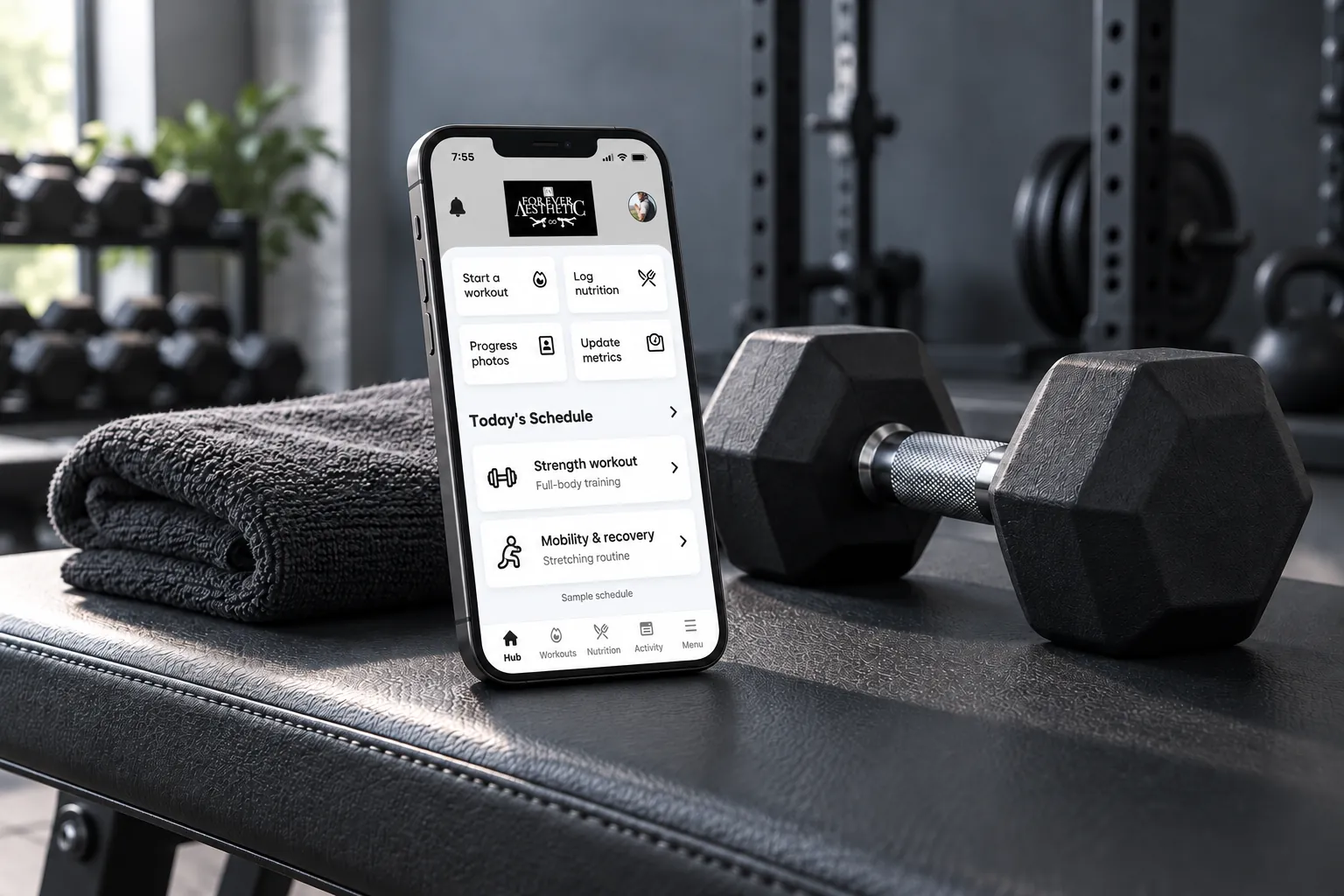 Forever Aesthetic training app showing a strength and mobility schedule