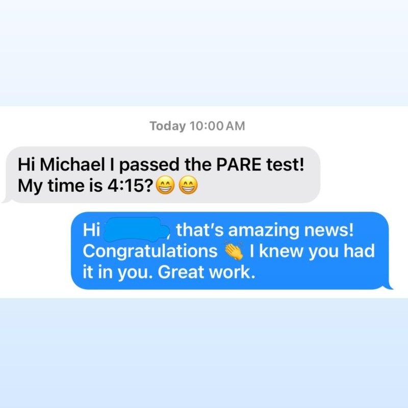 Harman’s text message saying he passed the PARE in 4:15, name hidden