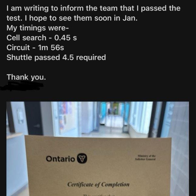 Ravneet&rsquo;s message with her FITCO times and her certificate of completion, name hidden