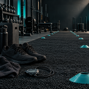 Shuttle-run lane and gym equipment representing the 12-week independent training program